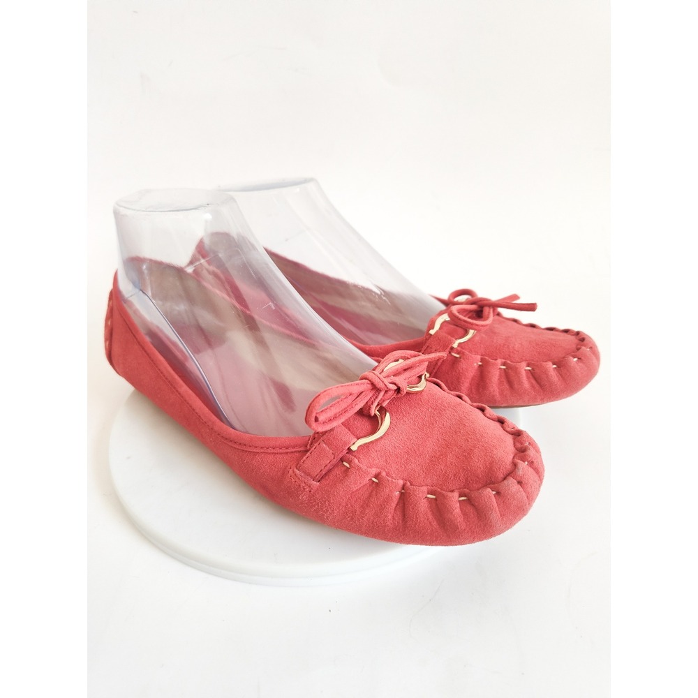 Kate Spade Flats Loafers 8 Moccasin Red Suede Bow Gold Horsebit Driving Shoes